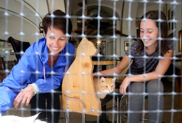 Zwei Frauen betrachten eine orangefarbene Katze, die in einem hölzernen Katzenmöbel sitzt.