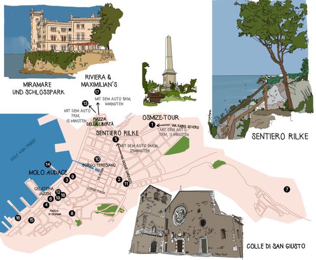 Eine illustrierte Karte von Triest mit Sehenswürdigkeiten wie Schloss Miramare und Sentiero Rilke.