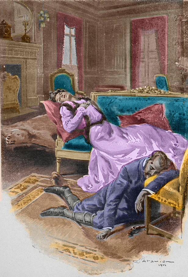 Eine Frau liegt auf einem Sofa, während ein Mann daneben auf dem Boden liegt.