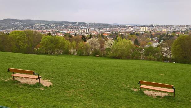 Blick von einem grünen Hügel mit Bänken auf eine Stadtlandschaft.