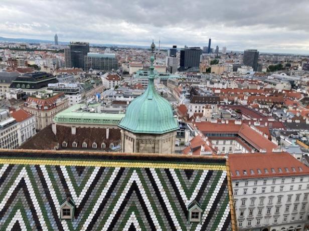 Blick über Wien von einem Dach mit Ziegelmuster aus.