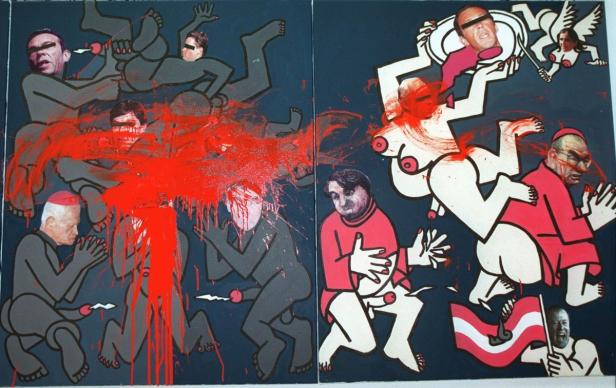 Ein zweiteiliges Gemälde mit stilisierten Figuren und roter Farbe, die wie Blut wirkt.