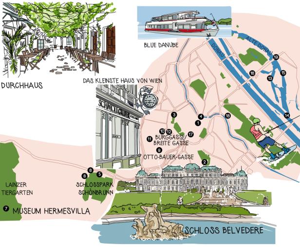Eine illustrierte Karte von Wien mit Sehenswürdigkeiten wie Schloss Schönbrunn und dem Donaukanal.