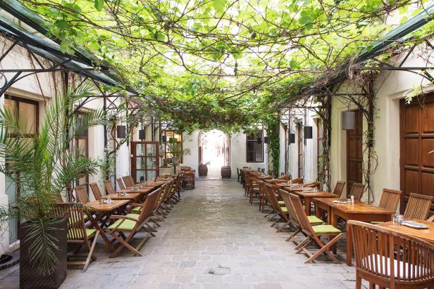 Ein Innenhof mit Tischen und Stühlen, überdacht mit Weinreben.