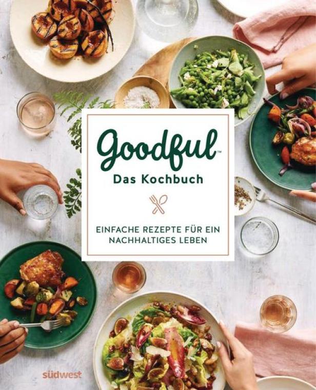 Das Cover des Kochbuchs „Goodful: Das Kochbuch“ mit verschiedenen Speisen und Händen, die Teller halten.