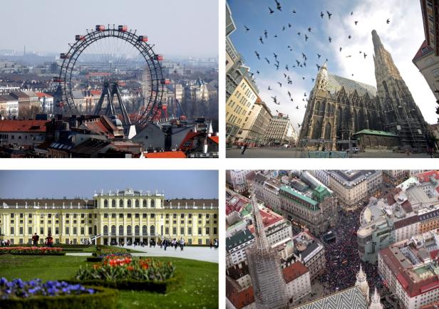 Vier Ansichten von Wien zeigen das Riesenrad, den Stephansdom und Schloss Schönbrunn.
