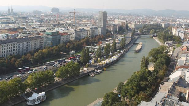 Ein Blick über Wien mit der Donau, Gebäuden und Bäumen.