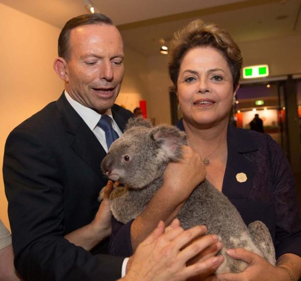 Tony Abbott und Dilma Rousseff halten einen Koala im Arm.