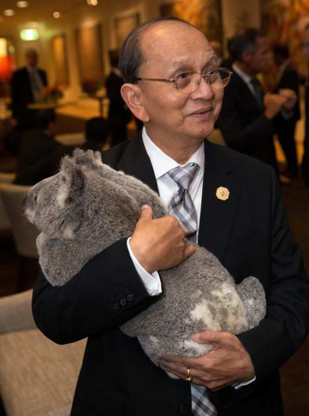Ein Mann im Anzug hält einen Koala im Arm.