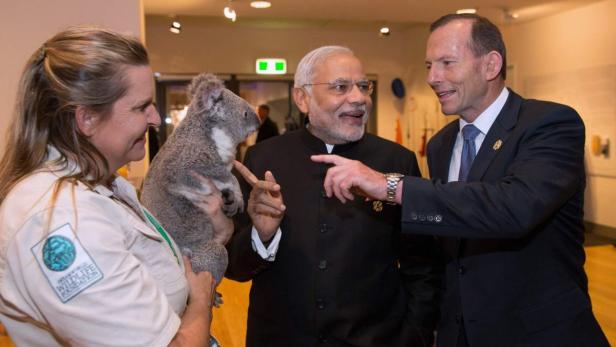 Narendra Modi und Tony Abbott treffen einen Koala in einem australischen Wildtierpark.