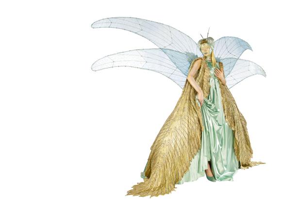 Eine Frau in einem aufwendigen Kostüm mit Flügeln und goldenem Umhang.