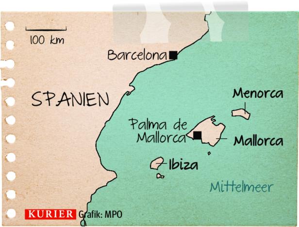 Eine Karte von Spanien mit den Inseln Mallorca, Menorca und Ibiza im Mittelmeer.