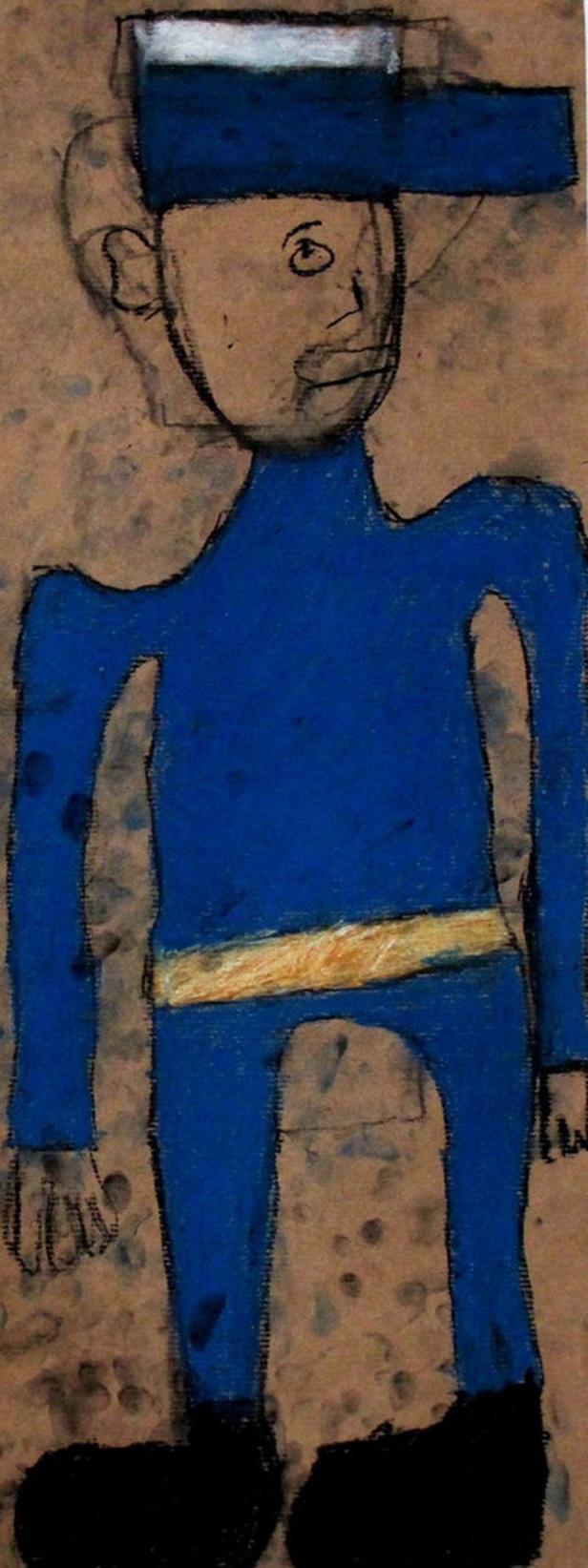 Eine stilisierte Zeichnung einer Person in blauer Kleidung mit einem gelben Gürtel und einem Hut.
