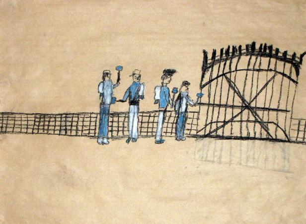 Eine Zeichnung von vier Bauarbeitern vor einer unfertigen Brücke.