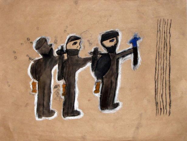 Drei vermummte Figuren sprühen Graffiti an eine Wand.