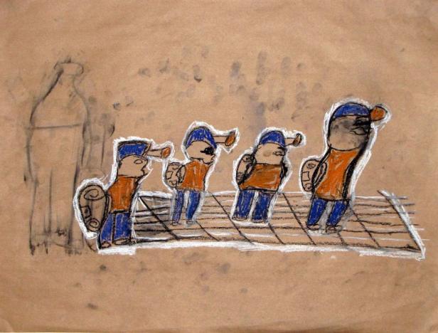 Eine Zeichnung von vier Cartoonfiguren mit Rucksäcken, die auf einem Steg stehen.