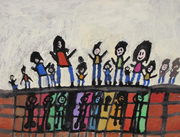 Eine Kinderzeichnung zeigt eine Gruppe von Menschen auf einer Mauer.