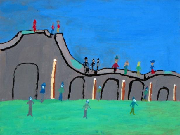 Eine gemalte Szene mit einer Brücke und bunten Figuren unter blauem Himmel.