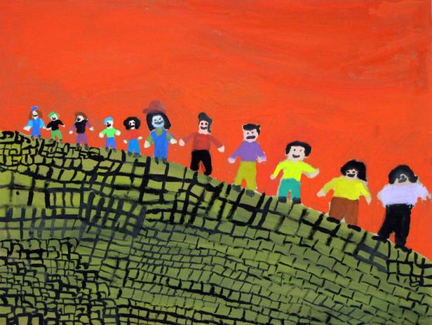 Eine Gruppe von gemalten Figuren steht auf einem grünen Hügel vor einem orangefarbenen Himmel.