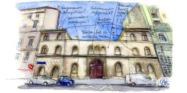 Eine Aquarellzeichnung eines mehrstöckigen Gebäudes mit Autos davor und handschriftlichen Notizen im Himmel.