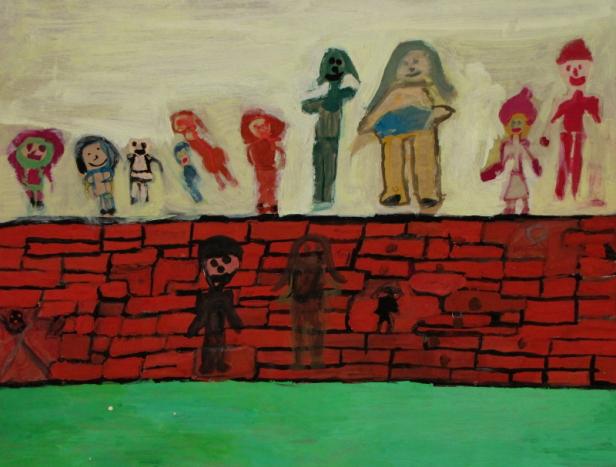 Ein Kinderbild zeigt eine Reihe von Figuren, die auf einer roten Backsteinmauer stehen.
