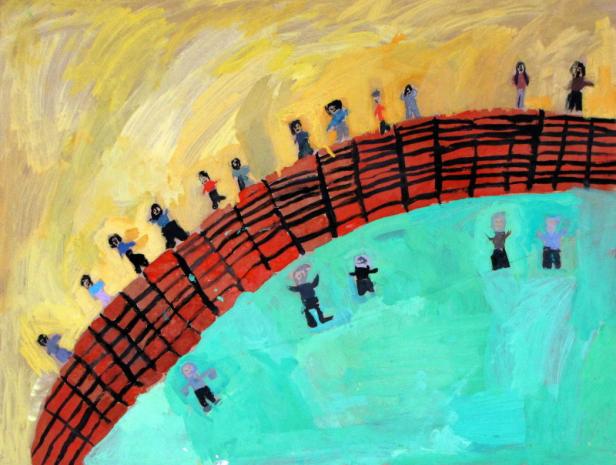 Ein Kinderbild zeigt eine Gruppe von Menschen auf einer Brücke über einer grünen Fläche.