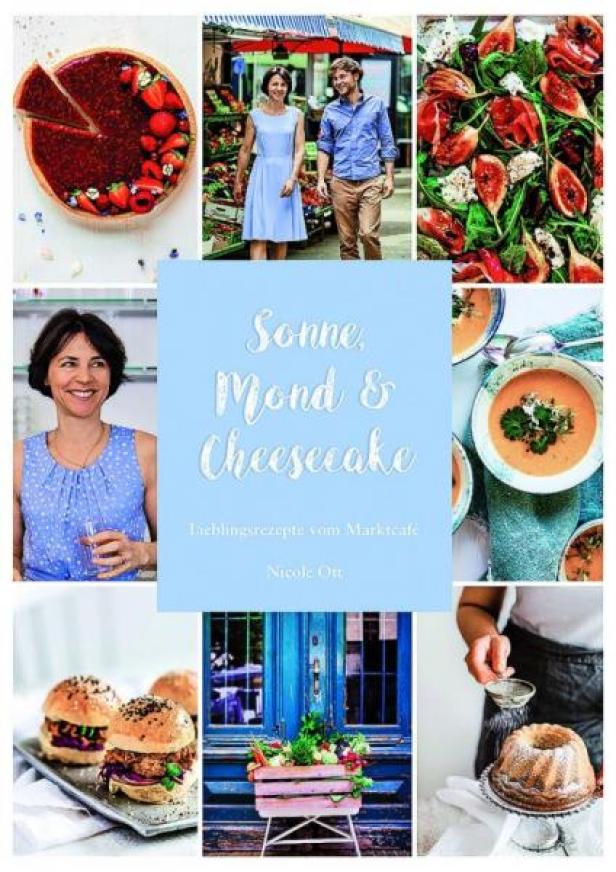 Collage mit verschiedenen Speisen und dem Buchcover „Sonne, Mond & Cheesecake“ von Nicole Ott.