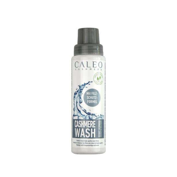 Eine Flasche Caleo Cashmere Wash mit Filzschutzformel.
