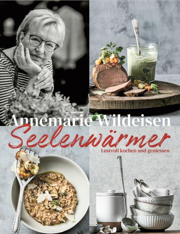 Das Cover des Kochbuchs „Seelenwärmer“ von Annemarie Wildeisen mit verschiedenen Speisen.