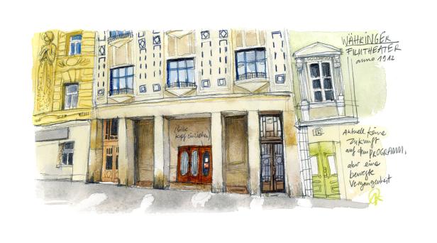 Aquarellzeichnung des Währinger Filmatheaters, erbaut im Jahr 1912.