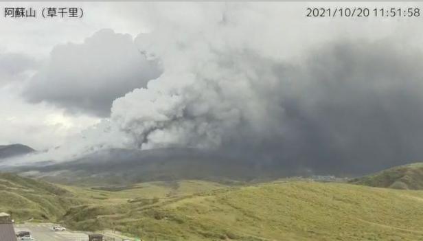 A video grab from the Japan Meteorological Agency's live camera image shows an eruption of Mount Aso in Aso, Kumamoto prefecture, Japan