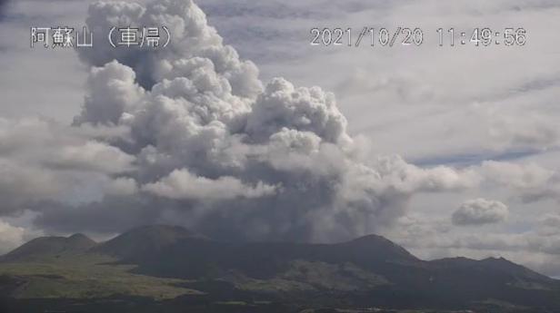 A video grab from the Japan Meteorological Agency's live camera image shows an eruption of Mount Aso in Aso, Kumamoto prefecture, Japan