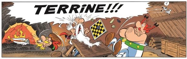 Asterix, Obelix und Miraculix werden durch die Luft geschleudert, während jemand „Terrine!!!“ ruft.