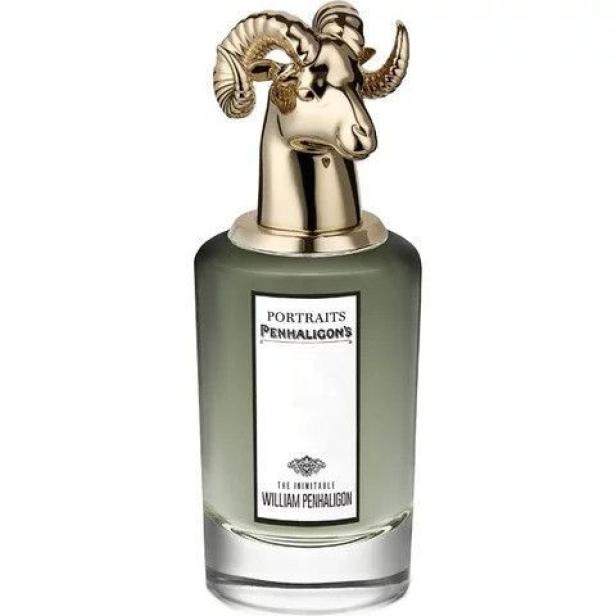 Eine Flasche „The Inimitable William Penhaligon“ Parfüm mit einem goldenen Widderkopf als Verschluss.