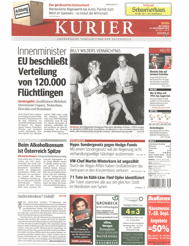 Titelseite der österreichischen Tageszeitung Kurier vom 23. September 2015.