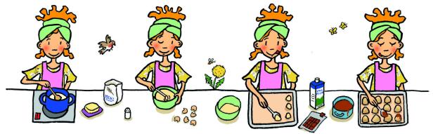 Eine Illustration, die ein Mädchen beim Backen von Keksen in vier Schritten zeigt.