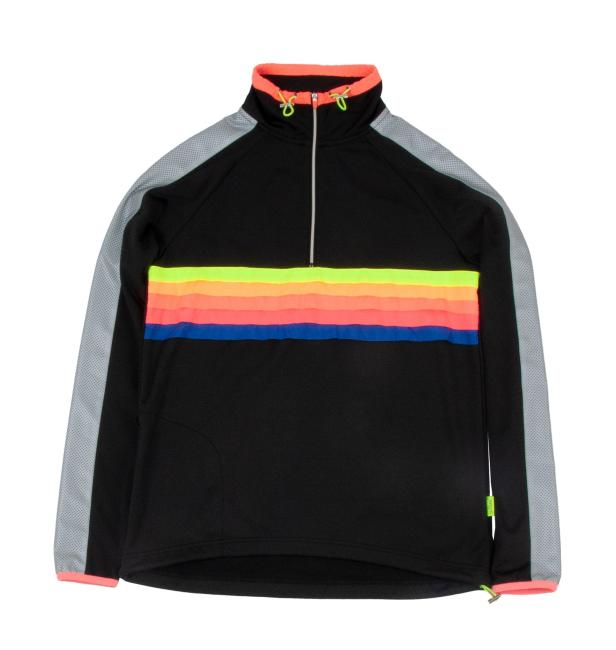 Ein schwarzes Sweatshirt mit einem horizontalen Streifen in Neonfarben und grau melierten Ärmeln.