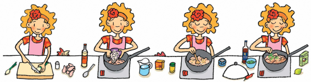 Eine Frau kocht in vier Schritten ein Gericht mit Gemüse und Fleisch.