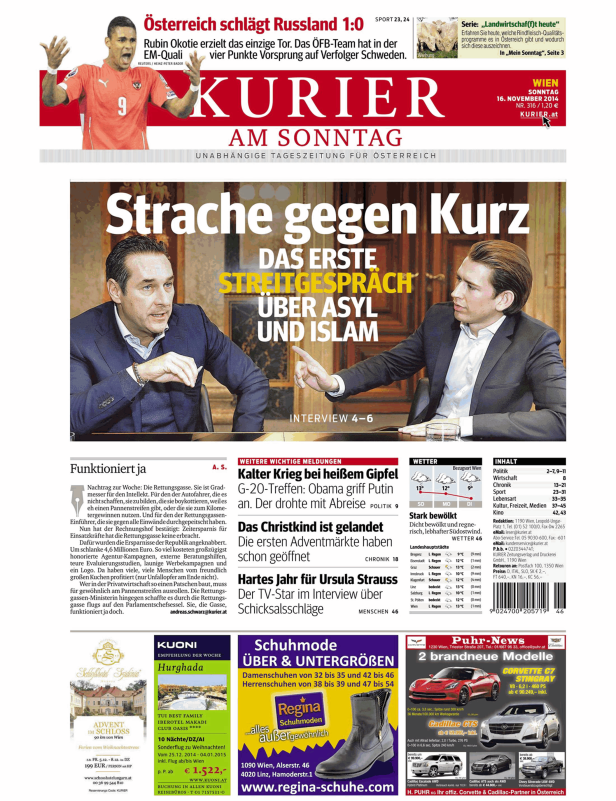 Titelseite des Kurier am Sonntag mit Artikeln über Strache, Kurz und Sport.