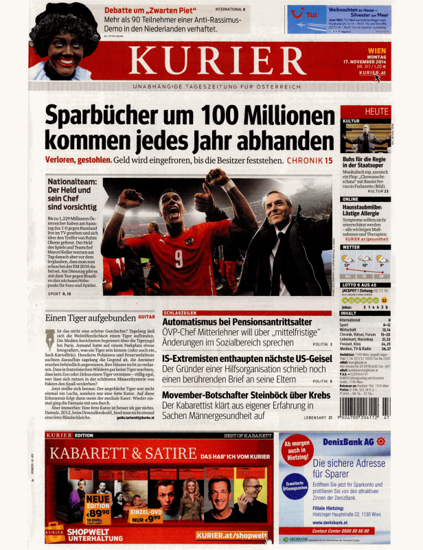 Titelseite der Zeitung Kurier vom 17. November 2014 mit verschiedenen Artikeln und Anzeigen.