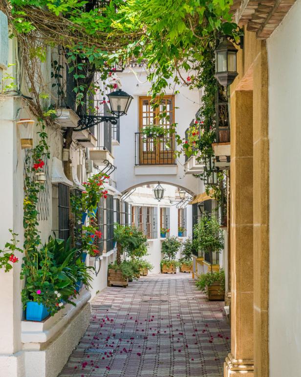 Ein malerischer, blumengeschmückter Innenhof mit weiß getünchten Wänden und Laternen.