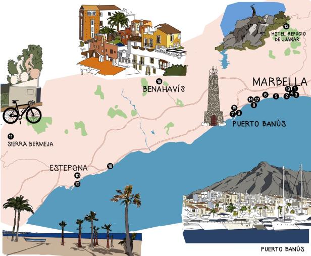 Eine illustrierte Karte der Küstenregion um Marbella und Estepona in Spanien.