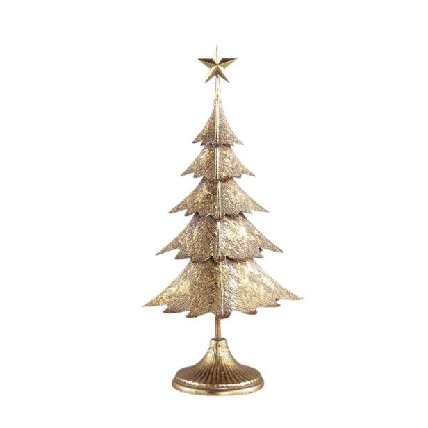 Ein goldener, dekorativer Weihnachtsbaum mit einem Stern an der Spitze.