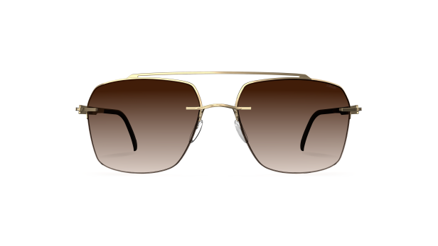 Eine goldene Pilotenbrille mit braun getönten Gläsern.
