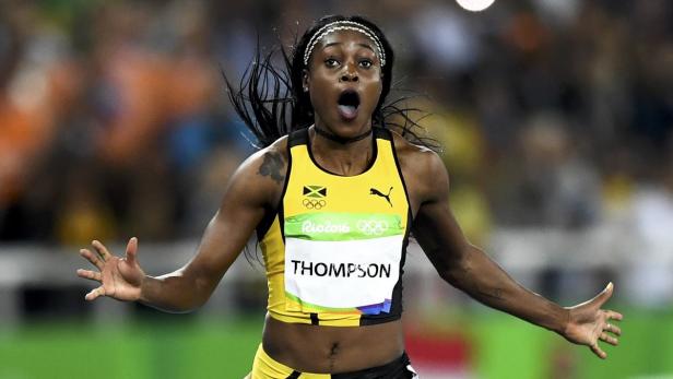 Elaine Thompson-Herah jubelt bei den Olympischen Spielen 2016 in Rio.
