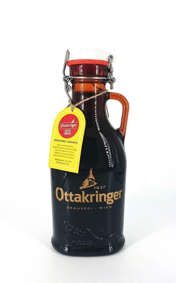 Eine Flasche Ottakringer Rotes Zwickl Bier mit einem gelben Etikett.