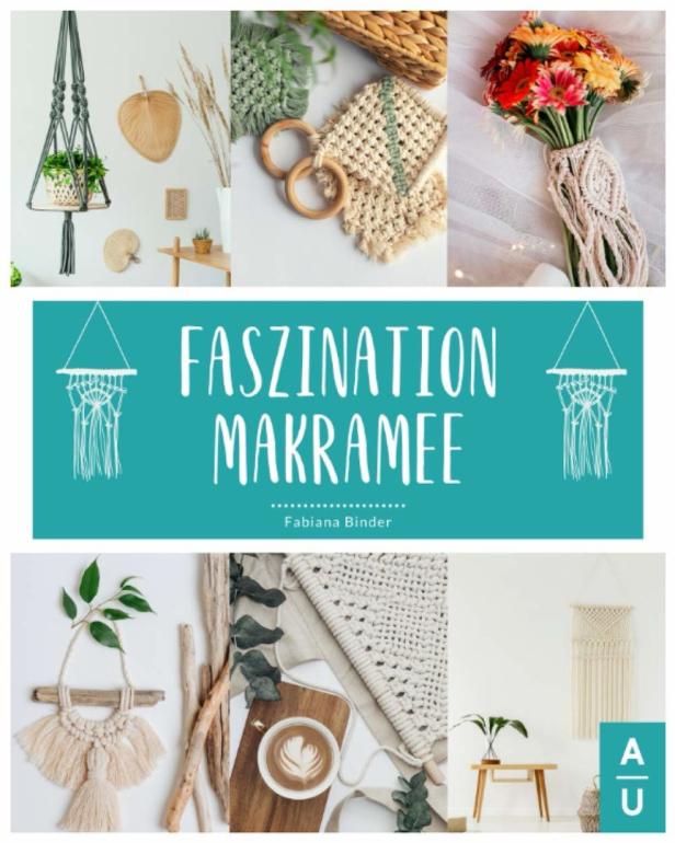 Collage mit verschiedenen Makramee-Dekorationen wie Blumenstrauß, Wandbehang und Pflanzenaufhänger.