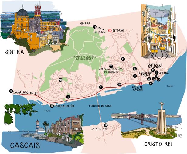 Eine illustrierte Karte von Lissabon und Umgebung mit Sehenswürdigkeiten wie Sintra, Cascais und Cristo Rei.