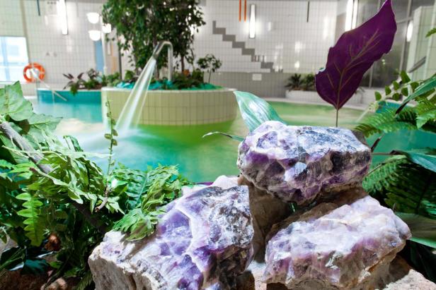 Amethystkristalle und tropische Pflanzen vor einem Schwimmbad mit Wasserfall.