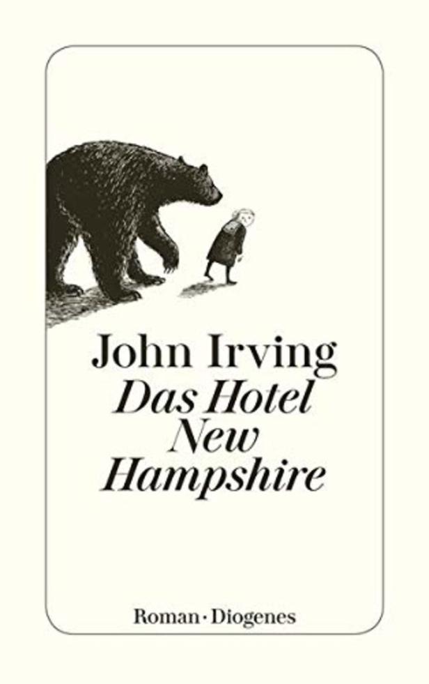 Das Cover des Buches „Das Hotel New Hampshire“ von John Irving mit einer Illustration eines Bären und eines Kindes.